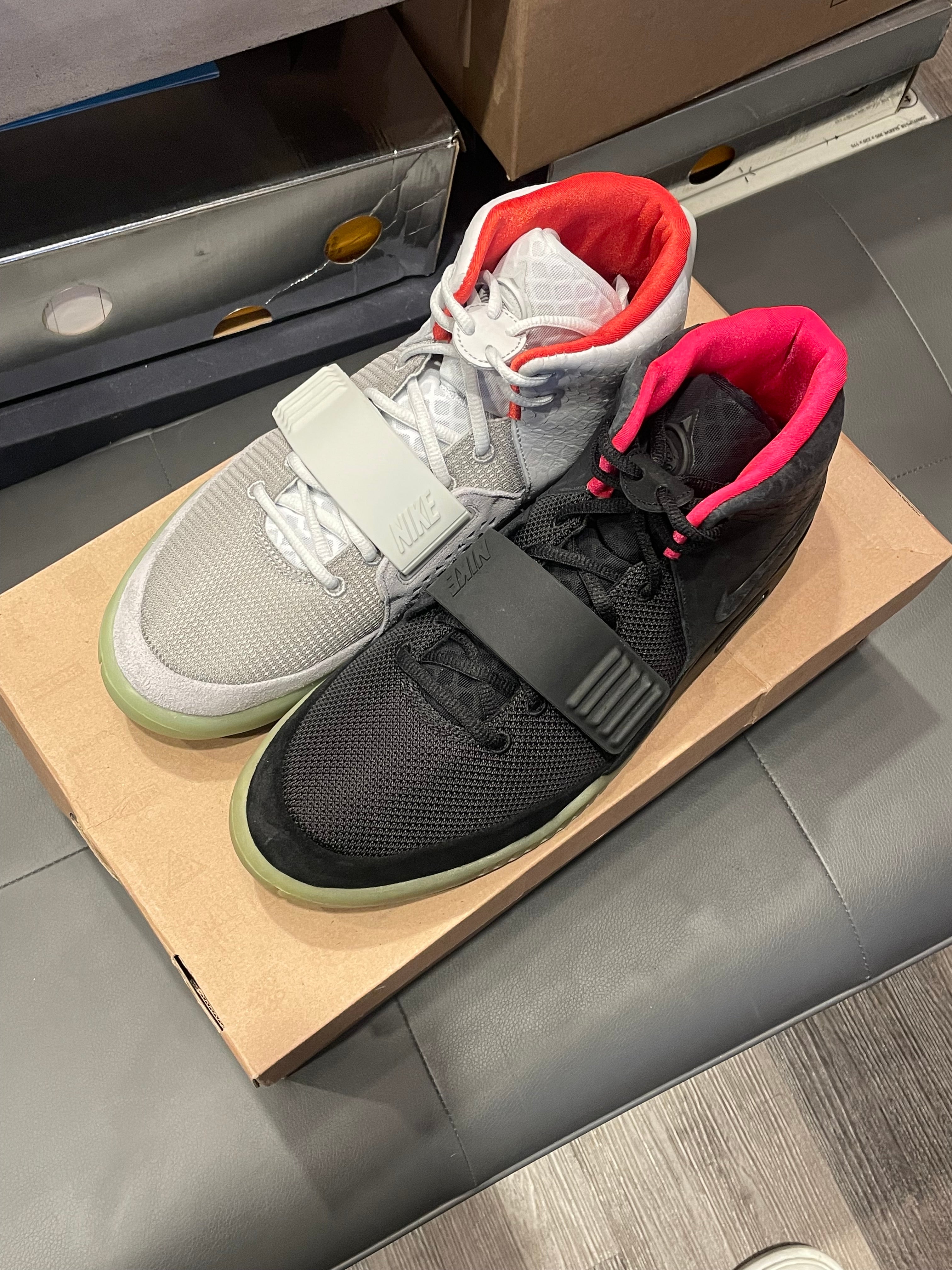 Nike Air Yeezy 2 Left shoes SolarRed Right shoes PurePlatinum SEVAGE KICK