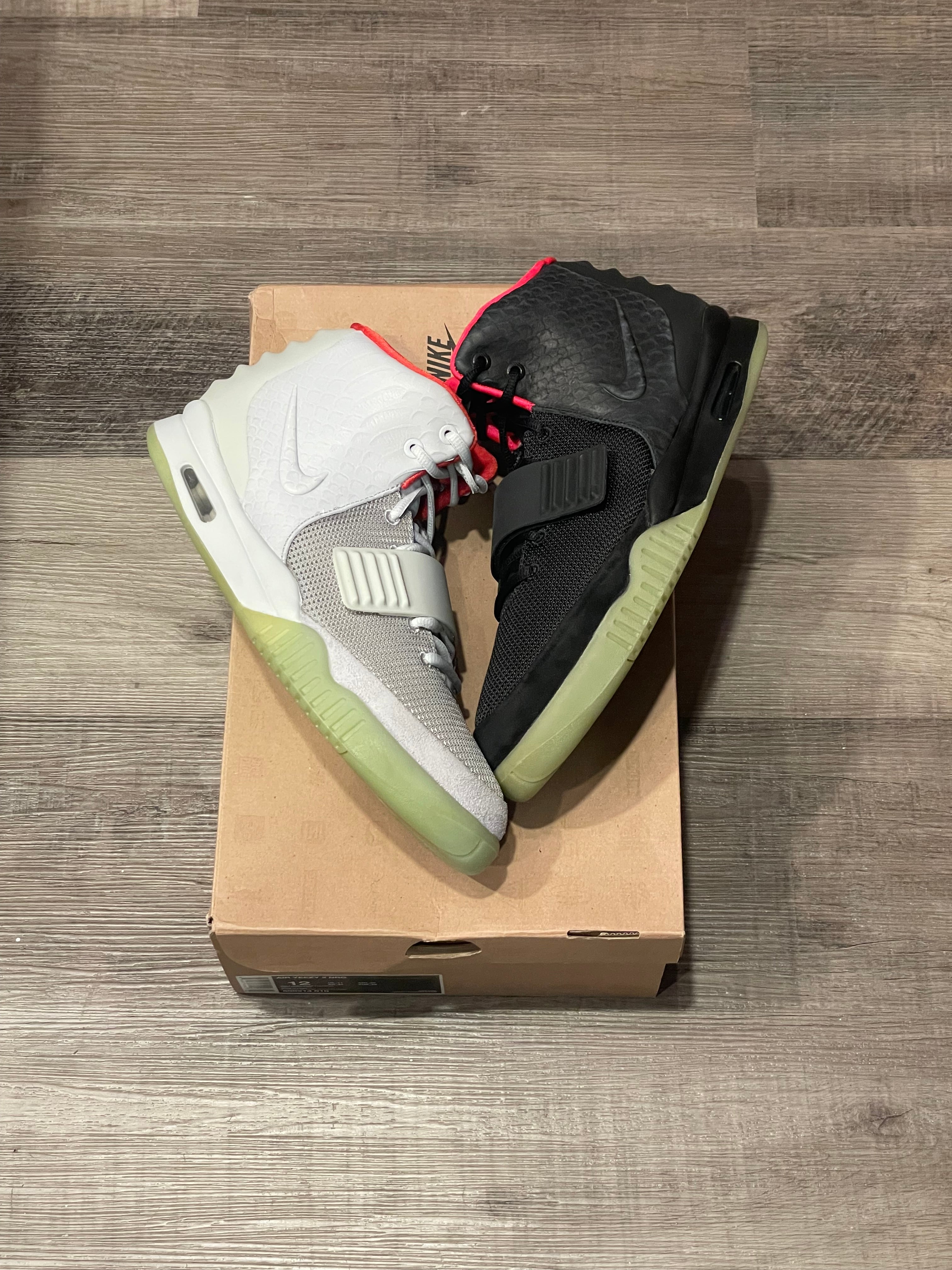 Nike Air Yeezy 2 Left shoes SolarRed Right shoes PurePlatinum